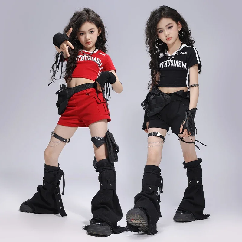Hip Hop Mädchen K-Pop Rot Crop Tops Street Dance Shorts Kinder Ballsaal Sweatshirt 2-teiliges Kleidungsset Kinder Jazz Bühnenkostüme