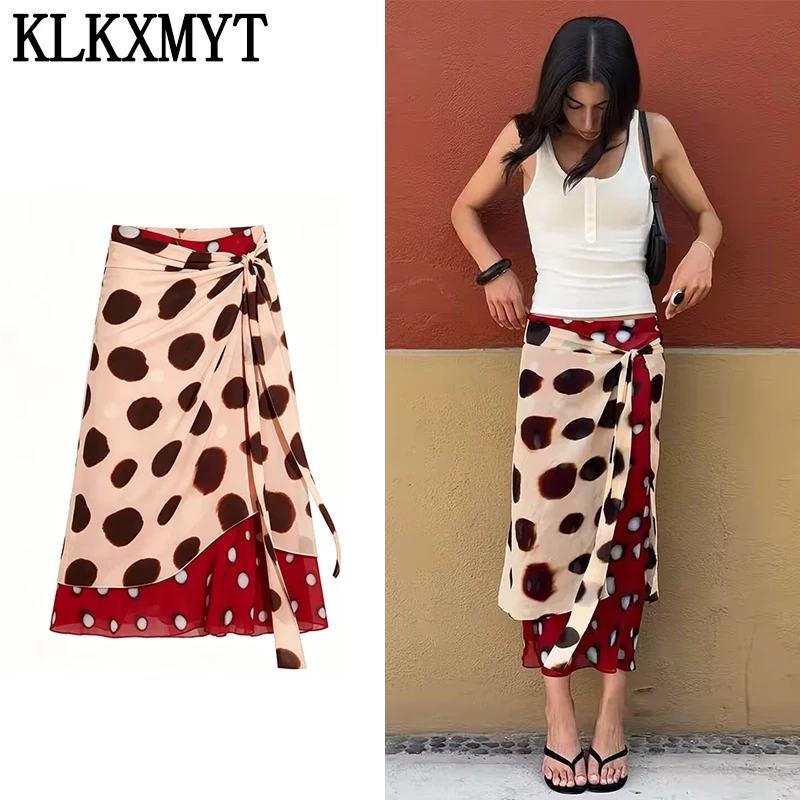 KLKXMYT Contrast Leopard Print Flowy Chiffon Skirts Women 2026 Summer Elegant Vacation Chic Wear High Waist Wrap Tie Midi Skirt