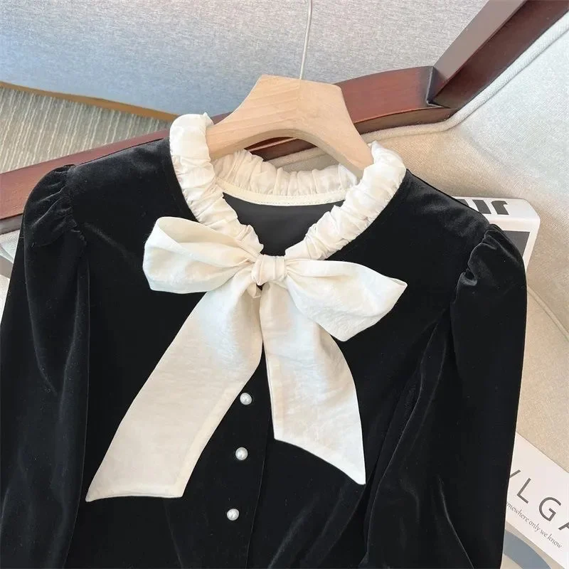 

High-End Black Golden Velvet Shirt Women 2025 Spring Summer Autumn Slim Bubble Sleeves Bow Shirt Jacket Top Female Blouse