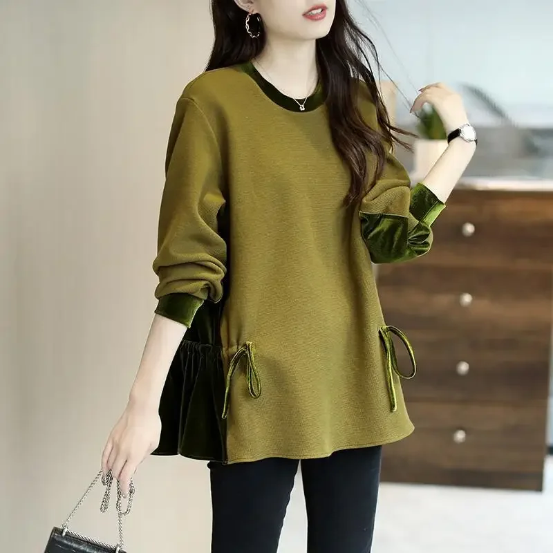 Fashion O-Neck Spliced Loose Shirring Bandage Blouses Women's Clothing 2024 Autumn Winter Oversized Casual Tops Commuter Shirts