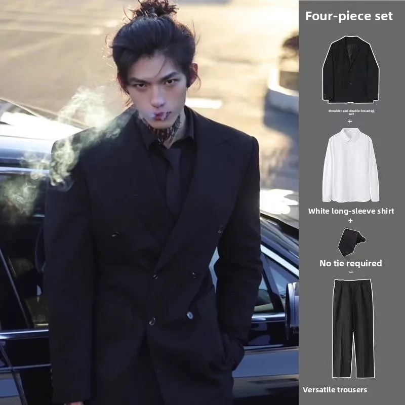 Elegant Black Casual Double-Breasted Suit for Teens And Men Stylish Polyester Cotton Blend Business Casual Outfit with Double...