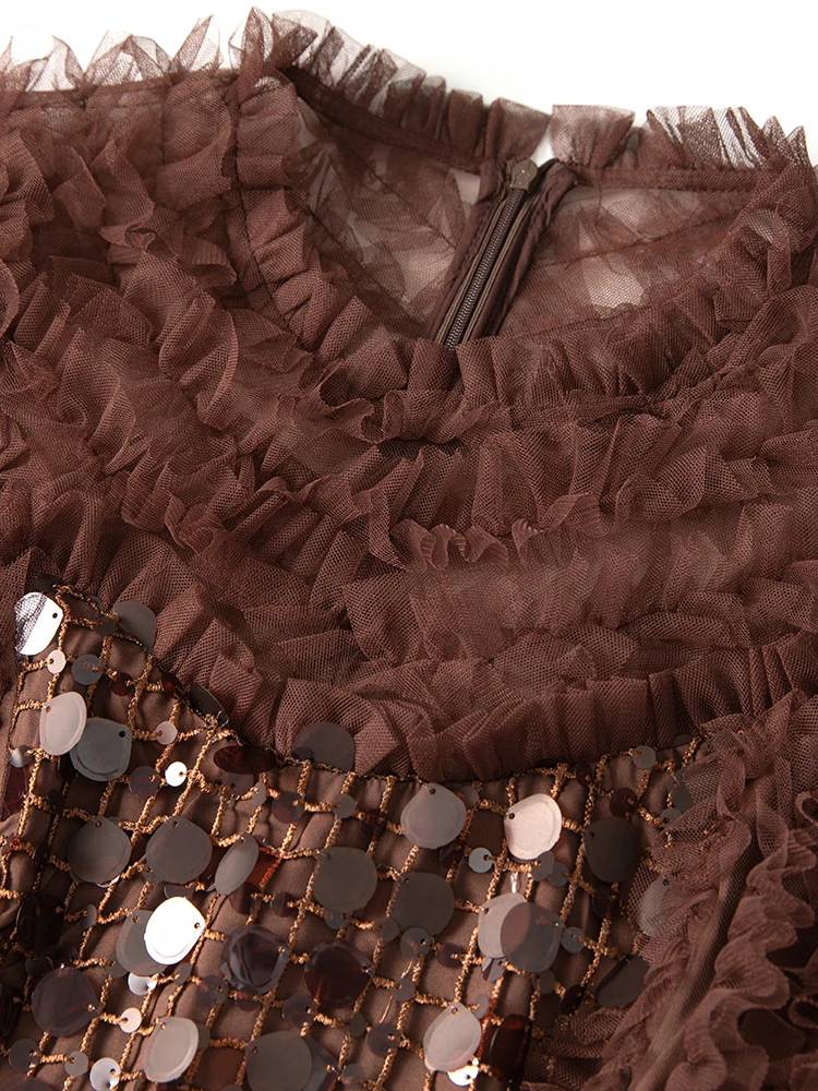 DSFACAIRIJ 여성 스팽글 메쉬 롱 드레스 오-넥 랜턴 슬리브 프릴 빈티지 파티 가을 패션 여성 의류