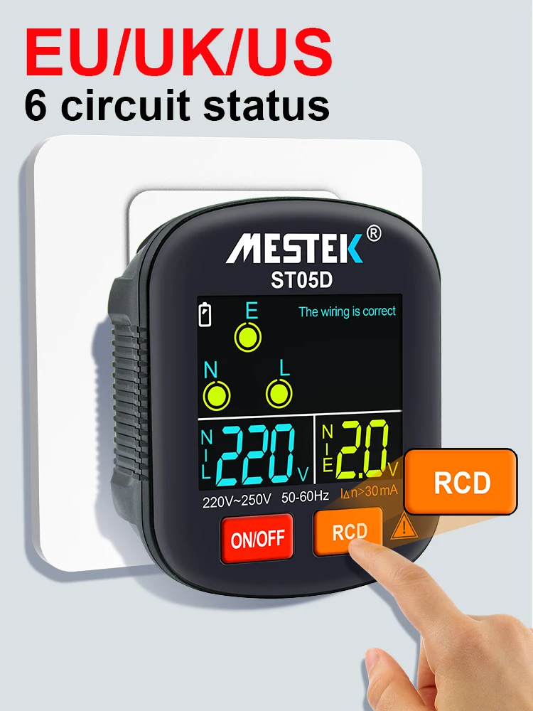 Socket Testers Voltage Test Socket Detector EU Plug Ground Zero Line Plug Polarity Phase Check RCD Tester