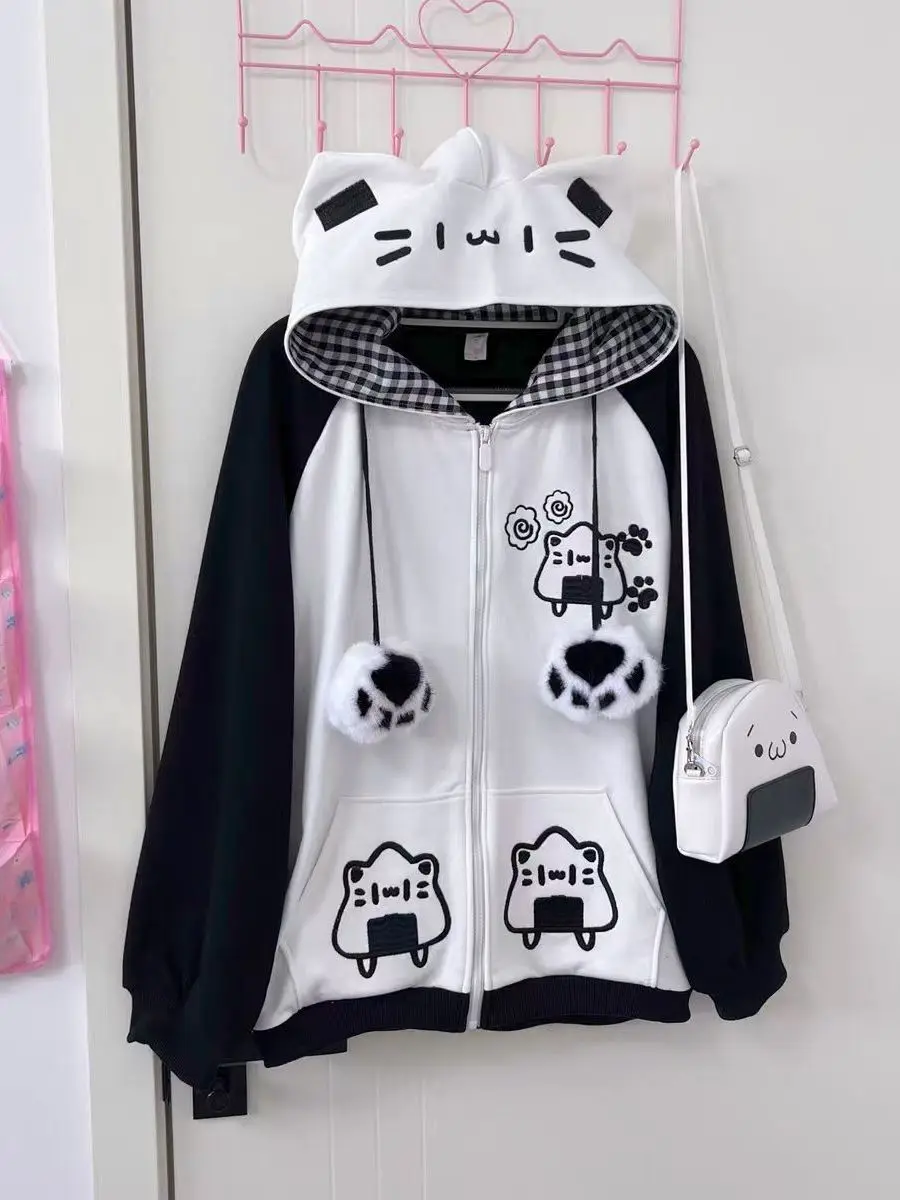 Japanese Cartoon Embroidery Cat Ears Hoodies Women Y2k Aesthetic Top Kawaii Coats Streetwear Cute Drawstring Casual Sweatshirt