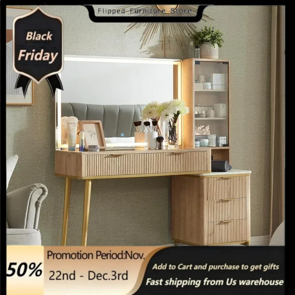 Fluted Makeup Vanity Desk with 36 Inch HD Lighted Mirror, 48 Inch Big Modern Vanity Desk with Mirror and Lights, Bedroom Dresser