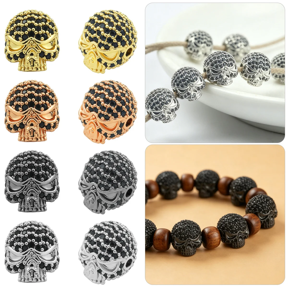 1/2Pcs Metal Copper Micro Inlaid Black Zirconium Helmet Skull Circular Pendant Bead Used for Making Jewelry DIY Bracelets