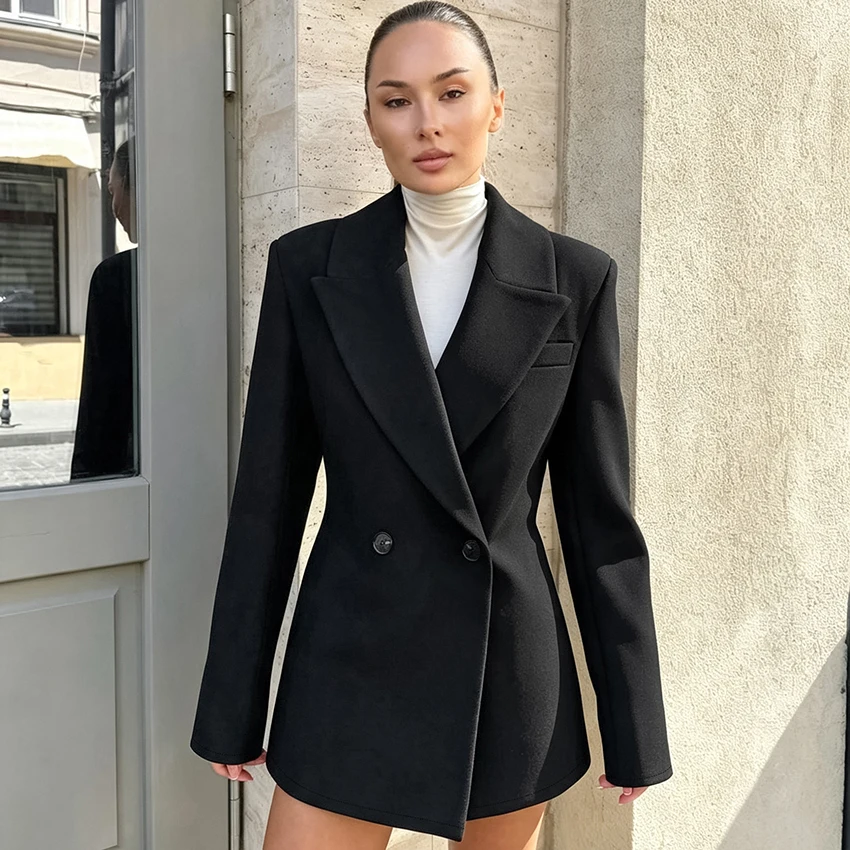 Black Office Lady Woven Inelastic Woman'S Top Soild Color Waist Slim Lapel Woolen Blazer Double Breasted Long Sleeve Coat 2026