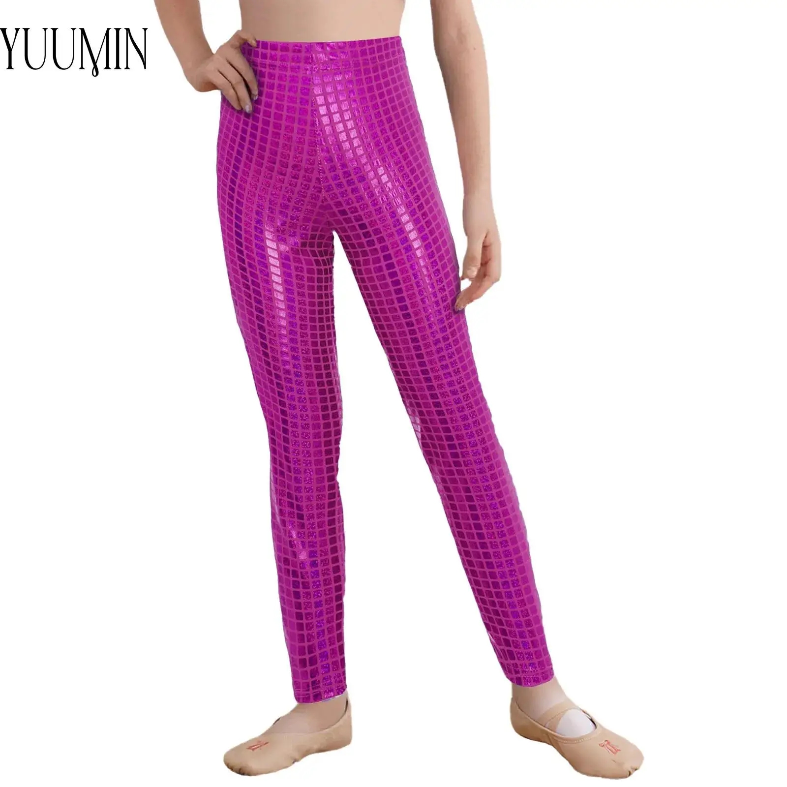 

Детский костюм черлидинга для школьного шоу для девочек и мальчиков, сценический костюм, брюки в металлическую клетку, леггинсы с эластичным поясом, танцевальная одежда