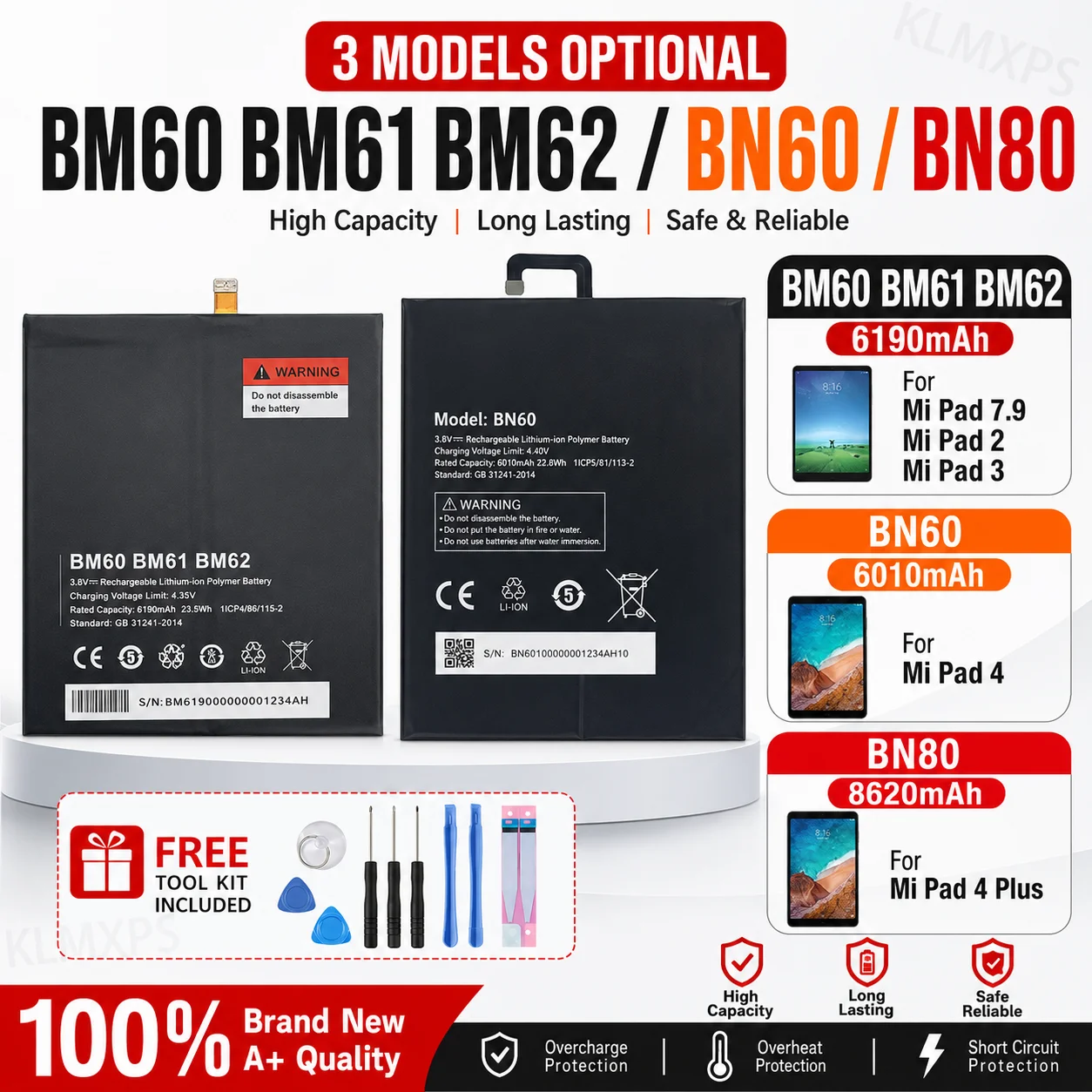 Tablet Replacement Battery BM60 BM61 BM62 BN60 BN80 For Xiaomi MiPad 1 2 3 4 4 Plus Repair Battery With Tool Kit