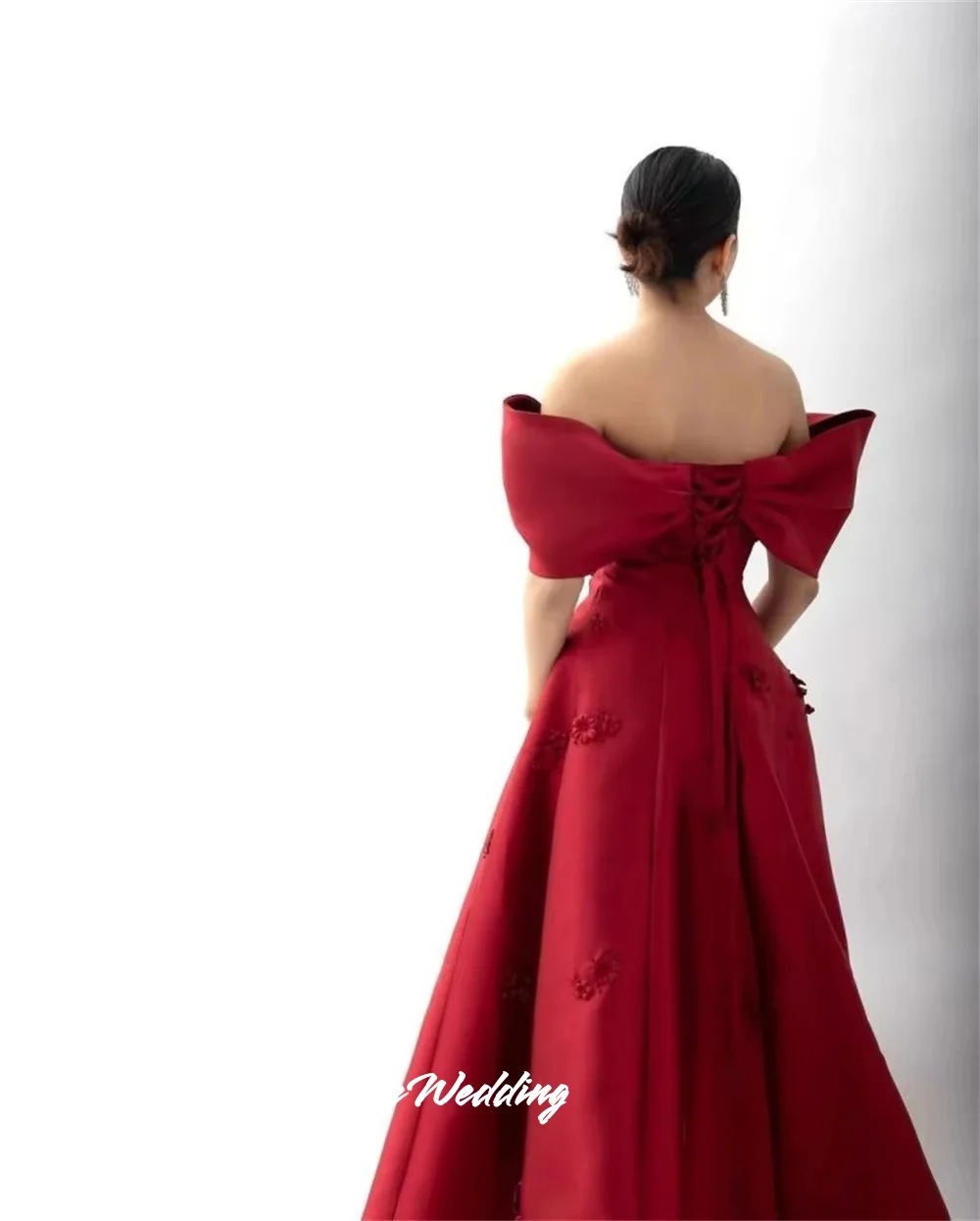 Red Strapless Prom Dresses 2025 Satin Off Shoulder 3D Flower A-Line Floor-Length Evening Dress Wedding Party Dresses Customized