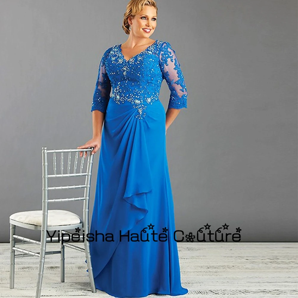 

Yipeisha Chiffon Beaded Royal Blue Mother Of Bridal Dresses Three Quarter Sleeves Wedding Party Gowns Beach Prom Summer