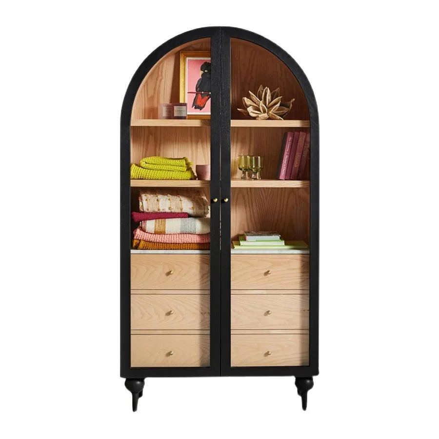 

Wine cabinet French side cabinet retro solid wood bookcase Nordic glass door double door storage