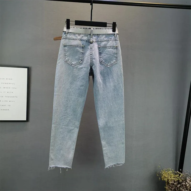 Summer New Jeans Women's Loose Heavy Industry Is Studded With Holes Nine-point Smoke Tube Pants Female Cowboy Trousers Ladies