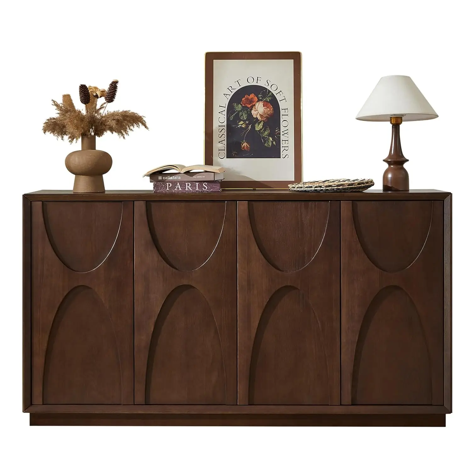 

59-дюймовый буфет, современный буфет, напольный шкаф в стиле ретро с акцентом и дверцей с защелкой, регулируемая полка,