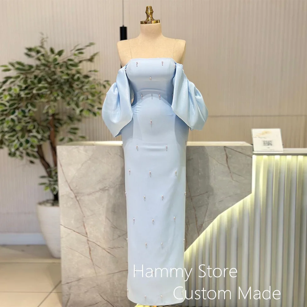 

Light Blue Evening Dress Robe De Soiree Strapless Off Shoulder Pearls Anke Length Arabian Party Gown Customized Prom Dresses