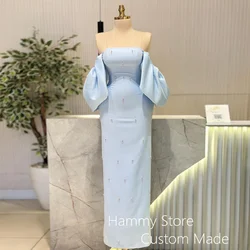 Light Blue Evening Dress Robe De Soiree Strapless Off Shoulder Pearls Anke Length Arabian Party Gown Customized Prom Dresses