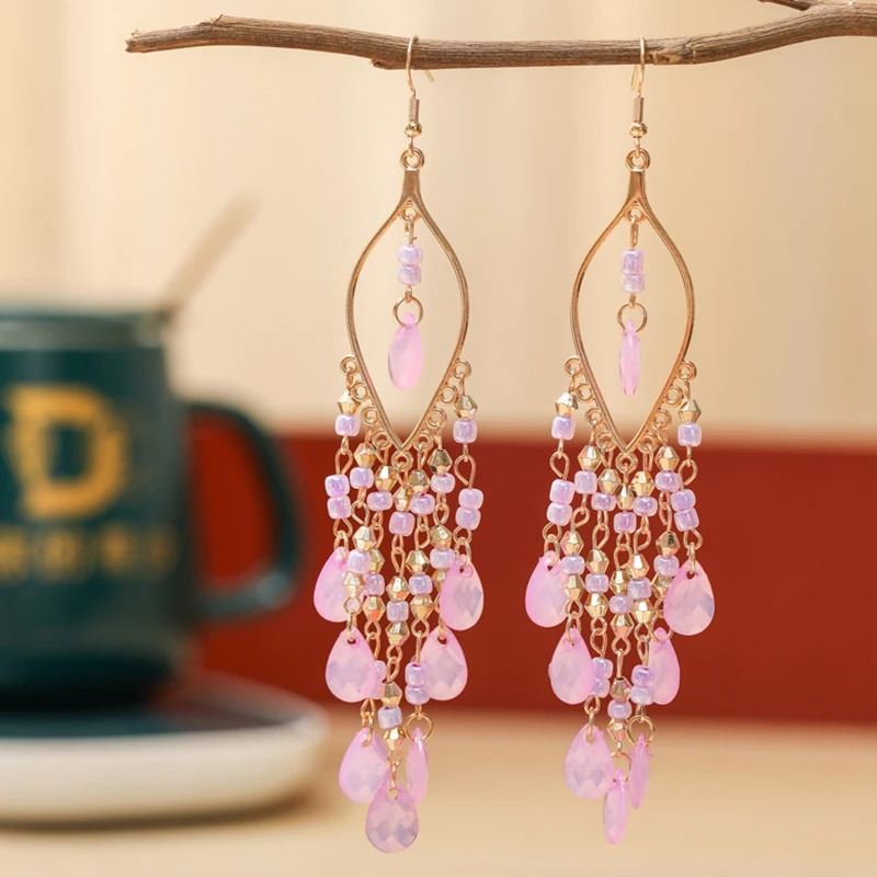 Ethnische Lange Acryl Wasser Tropfen Ohrringe für Frauen Retro Boho Gold Farbe Hohl Quaste Ohrringe Bijoux Femme Zubehör – Detail 10