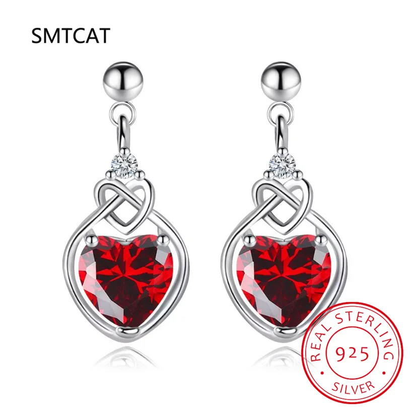 Love Knot Heart Created Red Ruby 925 Sterling Silver Stud Earrings for Women Fashion Gemstone Jewelry Brincos de Prata