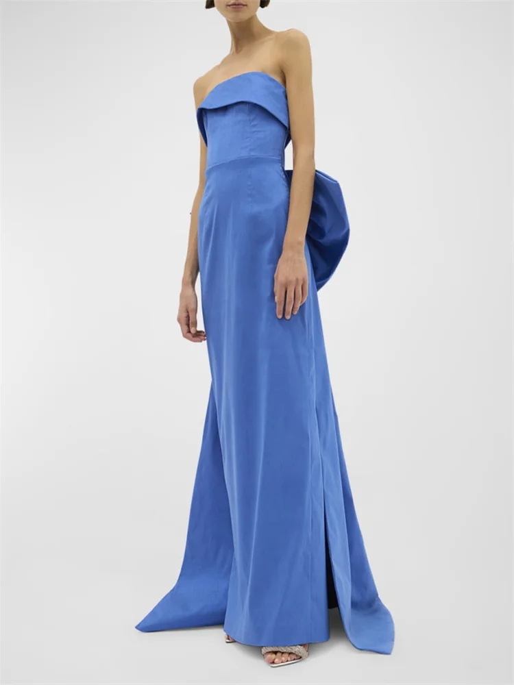 New Arrival Strapless Neckline Sleeveless Column Satin Evening Dress Open Back Zipper With Bow Floor Length Gown For Women 2024