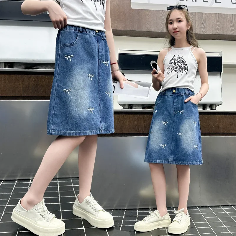 Summer Children vintage Denim Skirt for Teen Girl Fashion Skirts with Bow Knot Embroidery For Kids Teenager New Arrival Age 4-14