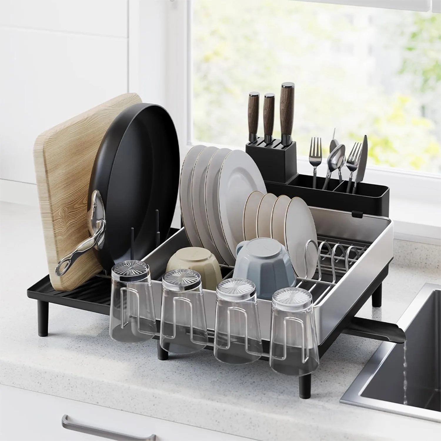 

Large Dish Drying Rack, Expandable Stainless Steel Dish Dryer with Rotatable Spout, Cup and Utensil Holders, for Kitchen Counter