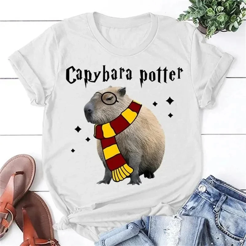 Funny Capybara Potter Graphic T Shirt for Men Womens Clothing 3D Capy Print T-Shirt Cute Kid Short Sleeve Casual Tee Shirts Tops