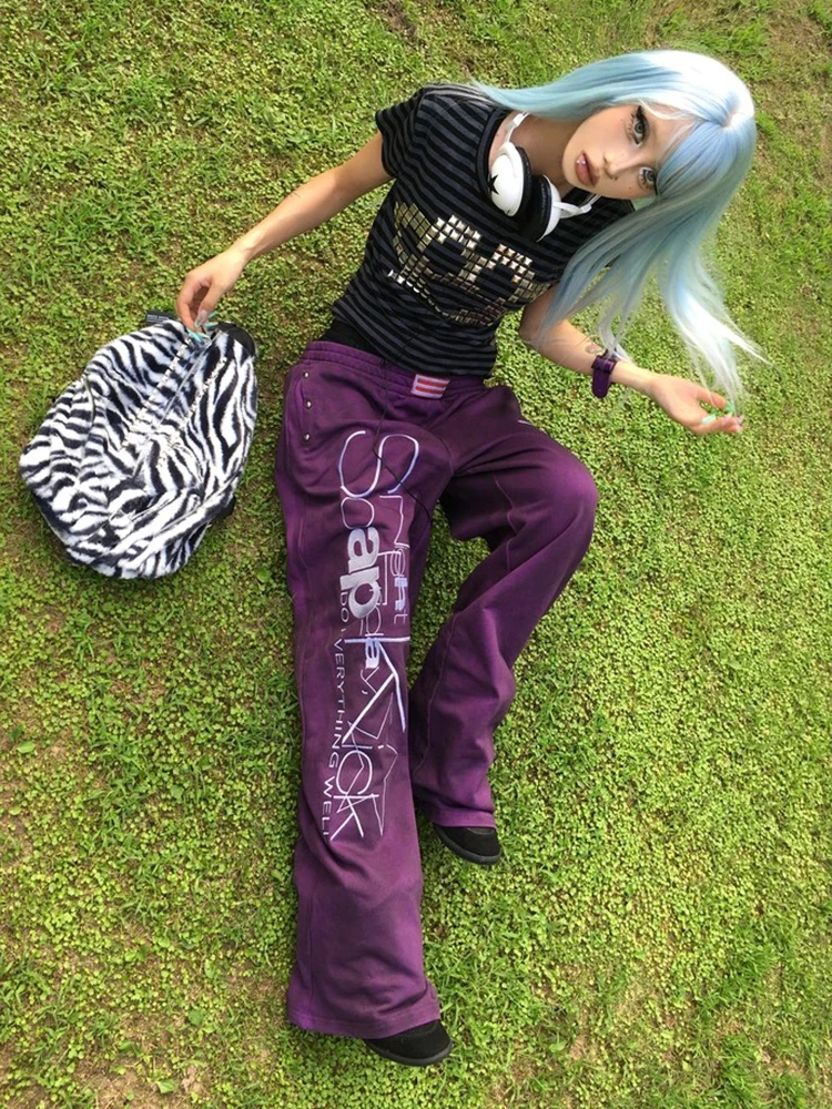 Y2K subculture style straight trousers, old retro double waist design, Gothic printed pattern, unisex straight trousers