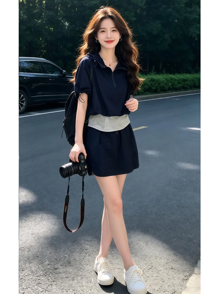 

Summer 2026 Fashionable Casual Slimming Hooded Jacket And Half Skirt Set Drawstring Design High Waist Lightweight Quick Dry