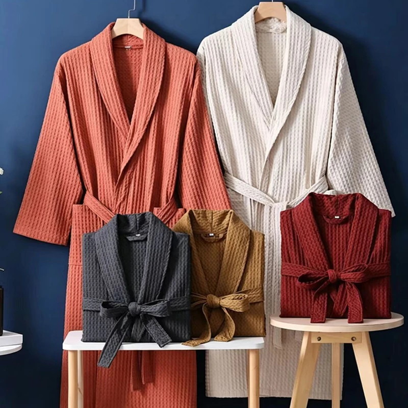 100% Cotton Waffle Kimono Bathrobe Loose Women And Men Sleepwear Negligee Home Dress Loungewear New Spring Autumn Hotel Robes