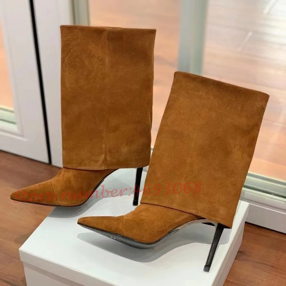 

Turned-over Edge Suede Ankle Boots Women Slip On Pointy Toe Pant Boots Stiletto Heeled Catwalk Female Sewing British Style Shoes