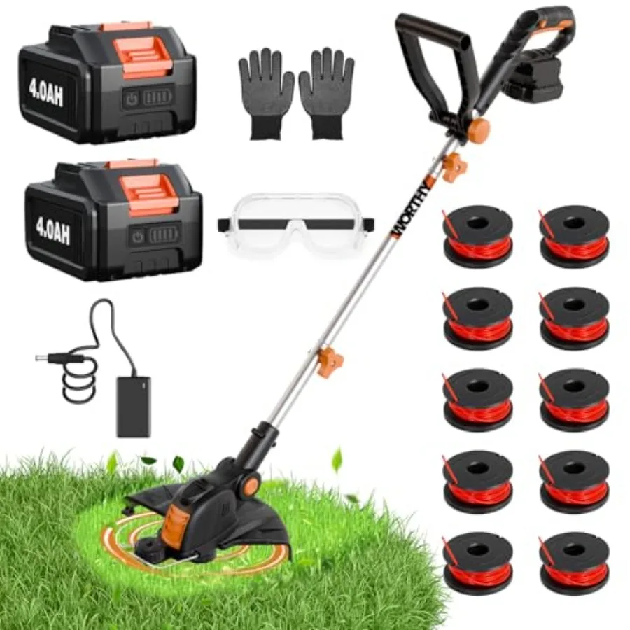 Electric Weed Wacker String Trimmer:2 x 4.0Ah Batteries Cordless Weed Eater, 21V Battery Powered, Grass Edger Lawn Tool with Fa