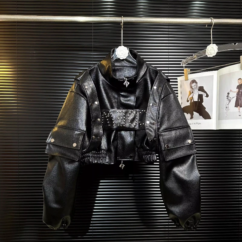 European Heavy Industry Sweet Cool Metal Rivet Large Pocket Pleated Women's Jacket Original Design Workwear PU Leather Coat Girl