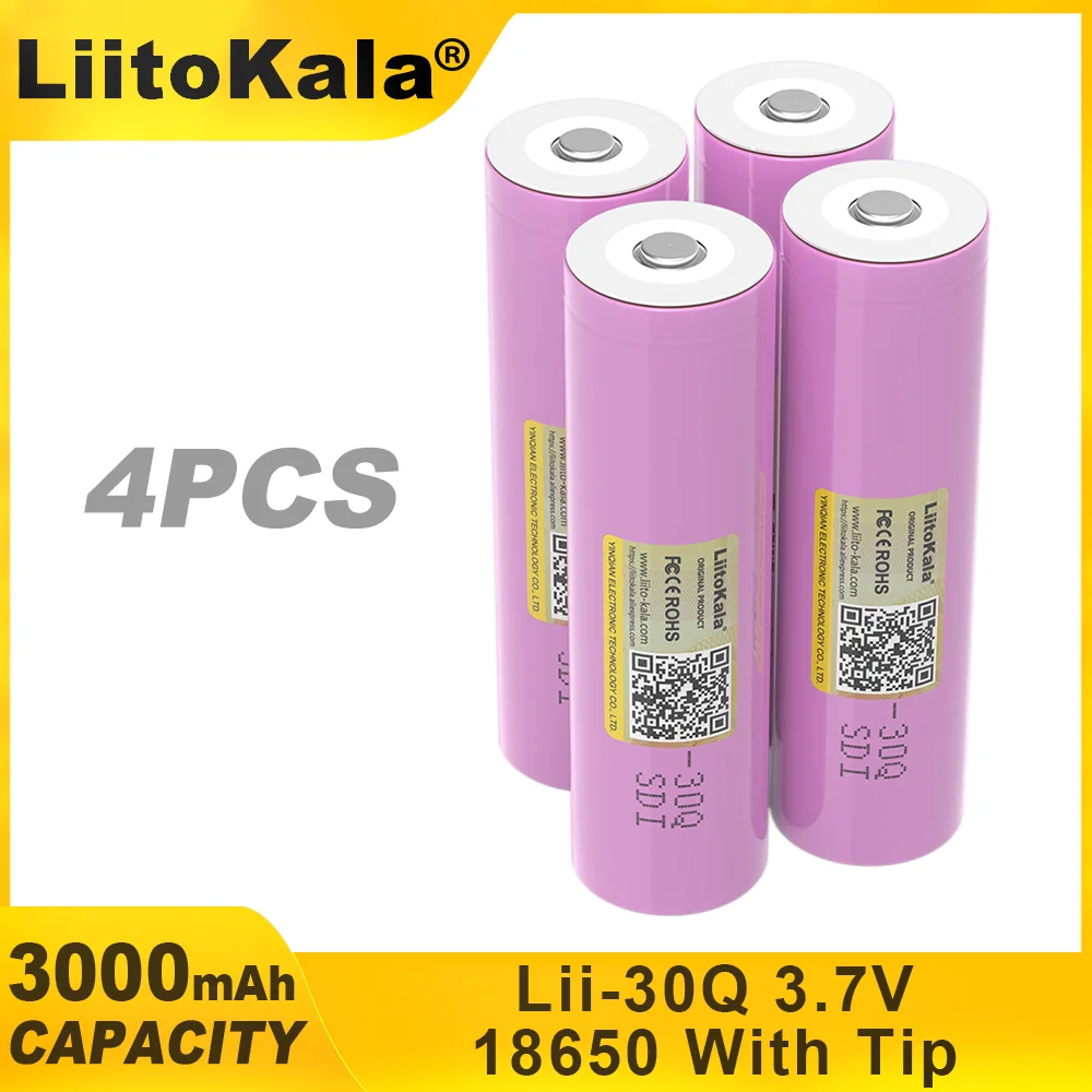 LiitoKala For New INR18650 30Q 18650 3000mAh lithium Rechargeable battery For High discharge Batteries+pointed