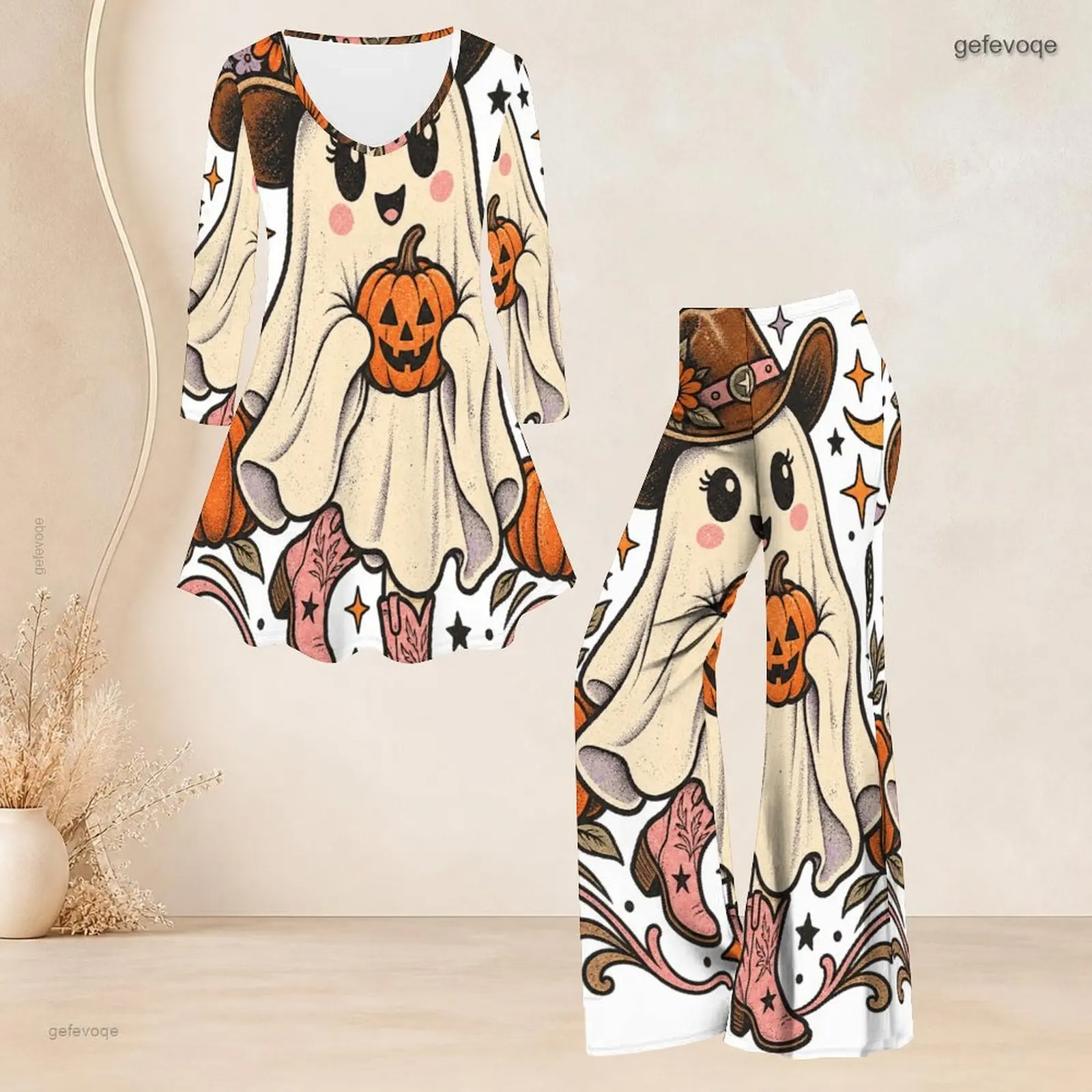 Women Pants Set with Print Round Neck Three Quarter Sleeve Flared Top Flared Pants Two Piece