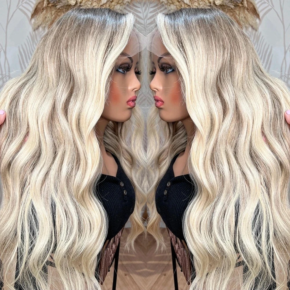 

MXWIGS Buttercream Blonde Highlights Ombre Synthetic Hair Lace Front Wigs with Middle Part Hairline Long Wavy Wigs Daily Wigs