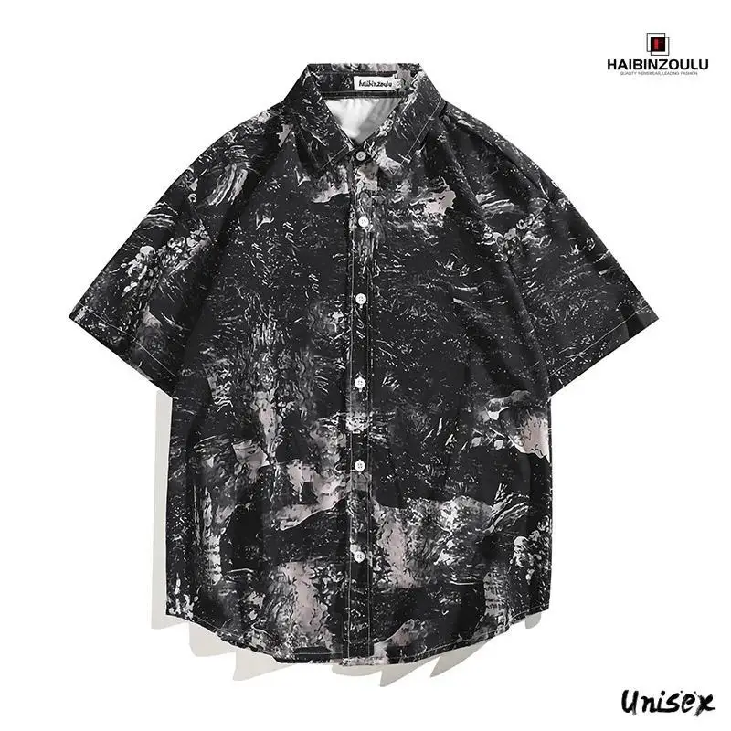 Summer Slim Fit Short-Sleeve Casual Shirt Polka Dot Print Lapel Collar