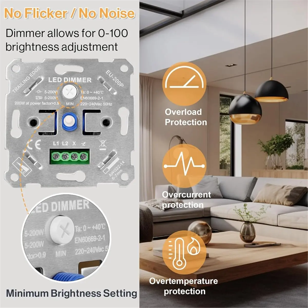 A75K LED Dimmer Switch 230V for Dimmable LEDs/ 5-200W with White Cover Plate