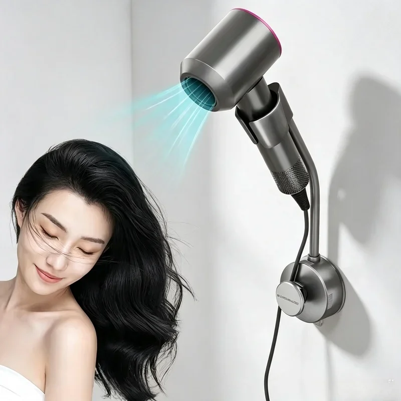 Powerful Suction Cup Hair Dryer Stand, Hands-Free Hanging Rack, Bathroom Shower Storage Organizer Shelf
