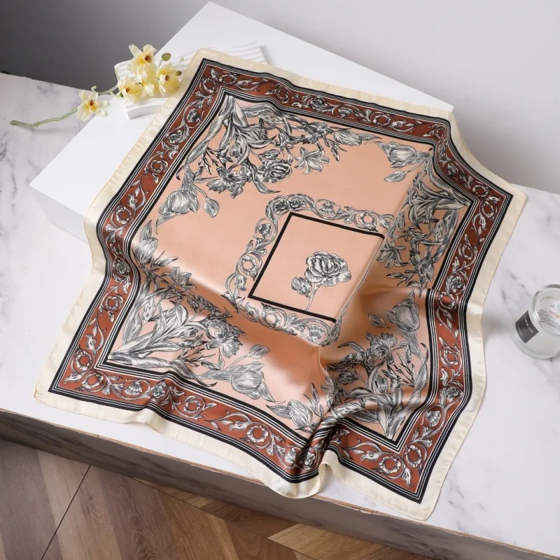 70cm Square Silk Like Scarf for Women, Lightweight Neck Bandana, Korean Style Print Head Wrap, Elegant Fashion Sheer Scarves