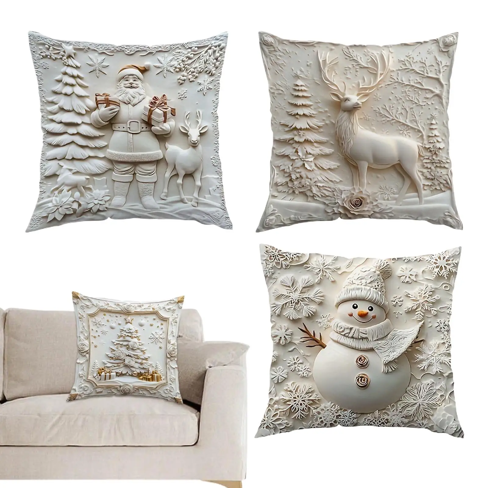 18x18 Inch Christmas Pillow Cases White Embossed Aesthetic Christmas Pillowcase 4 Pieces Christmas Couch Pillow Covers For Sofa