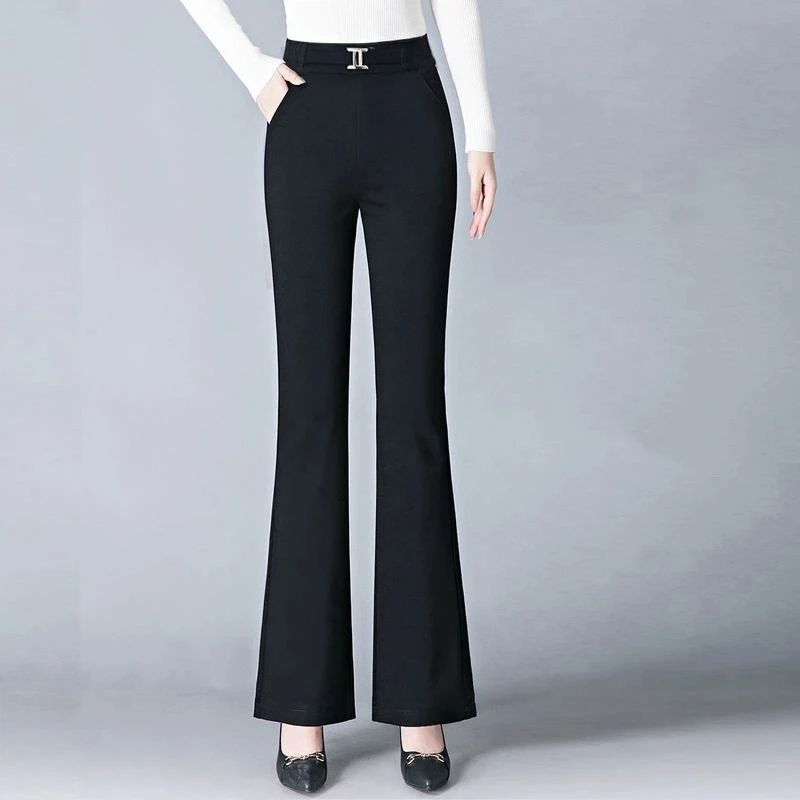Women's Black High Waist Flare Pants With Metal le Detail Casual Long Trousers