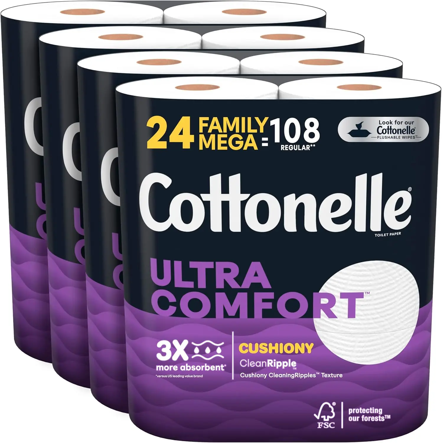 

Ultra Comfort Toilet Paper with Cushiony CleaningRipples, 2- Ply, 24 Family Mega Rolls (4 Packs of 6)