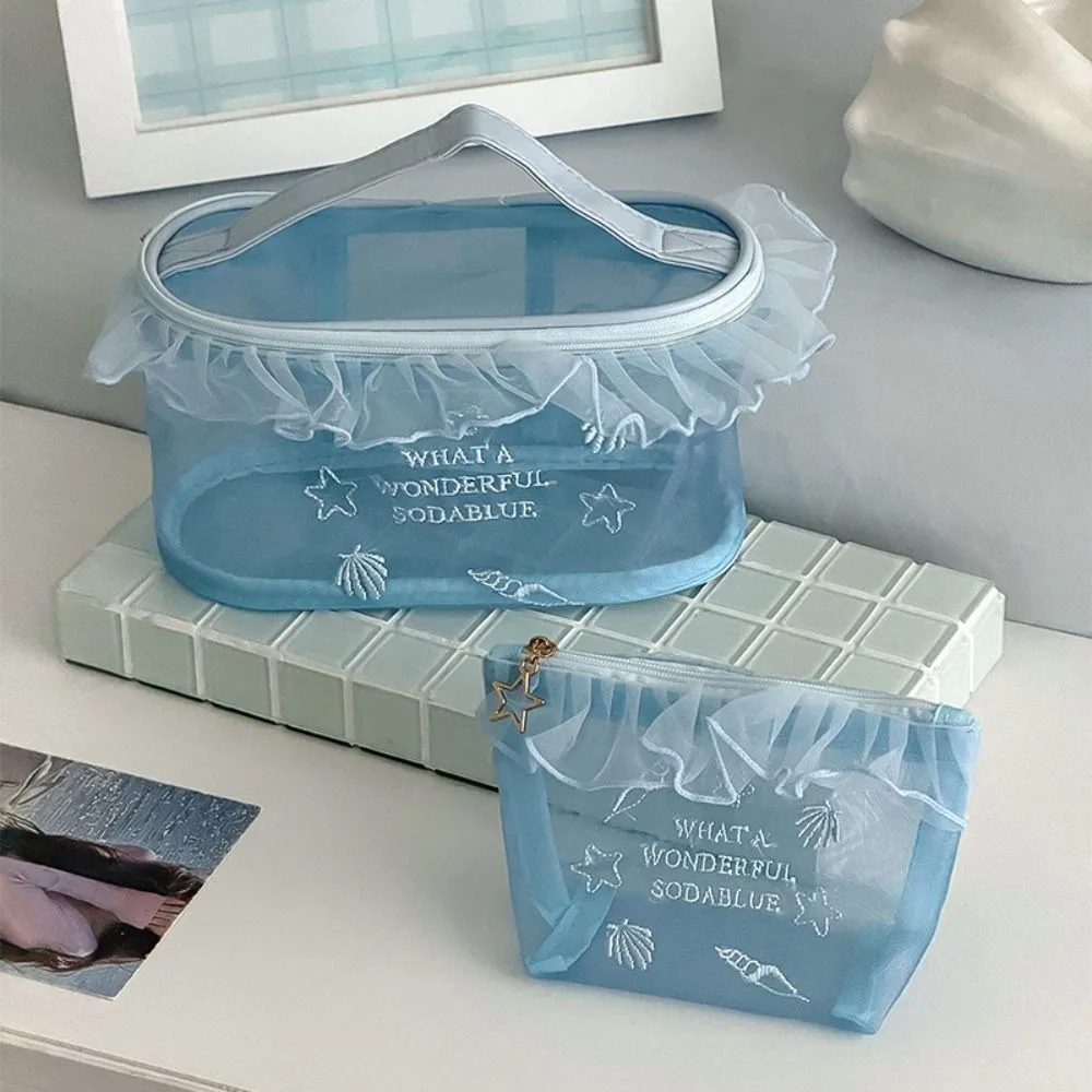 

Oxford Cloth Blue Mesh Embroidered Makeup Bag Gauze Ruffle Edge Nylon Cosmetic Bag Multifunctional Large Capacity