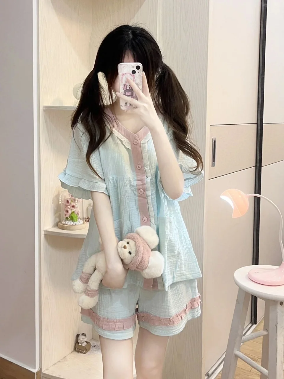 طقم بيجامة حلوة للسيدات باللون الأزرق الفاتح - بلوزة وسروال قصير الأكمام بأزرار سفلية، ملابس نوم كاجوال كاواي مناسبة للربيع والصيف #5