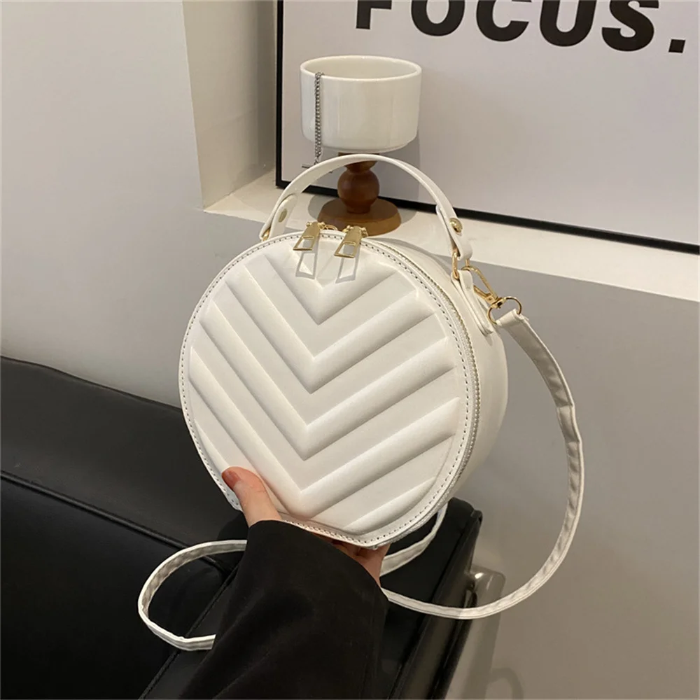 Fashion Round Shoulder Bag For Women Simple Mini Leisure Crossbody Bag Solid Color PU Leather Handbag Double Zipper Design Purse