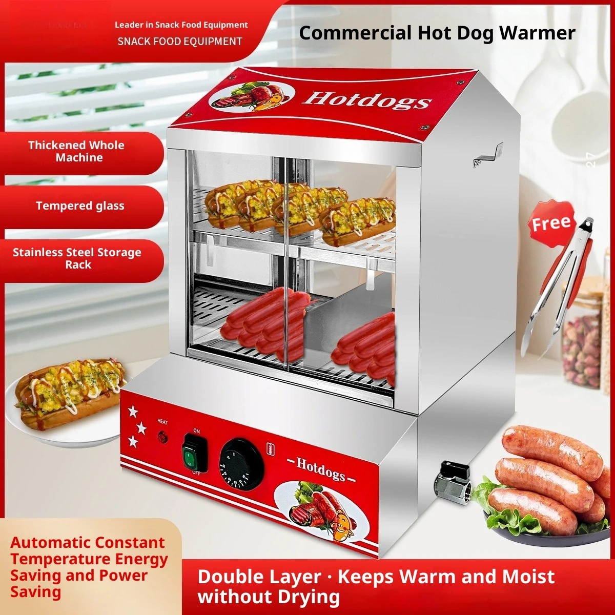 27 L 2 Tiers Hot Dog Steaer with Teperature Control Stainless Steel Bun Warer for Hot Dogs&Buns for Cinea