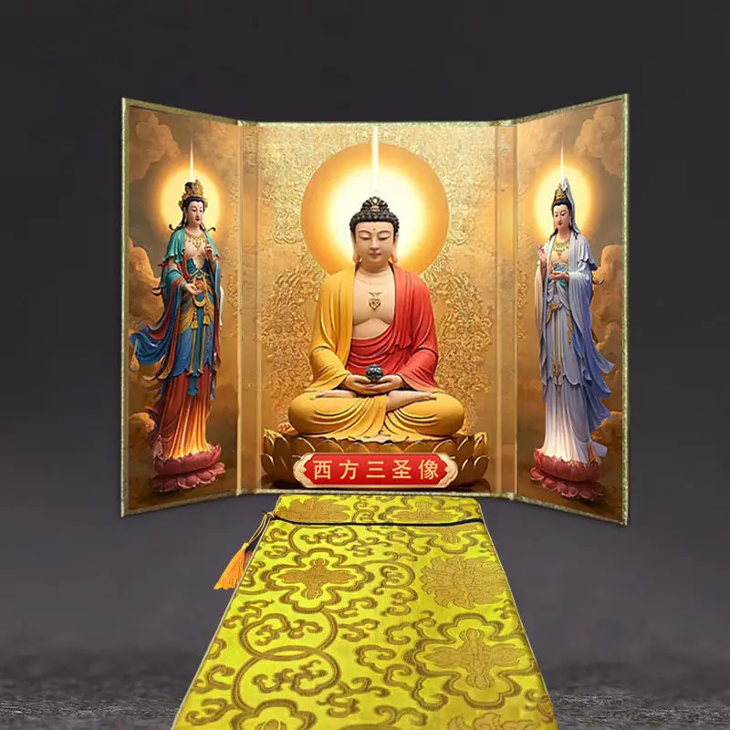 Cz sansheng foldable buddhist hall desktop ornaments 16 open screen amitabha buddha seated statue guanyin buddha statue for home