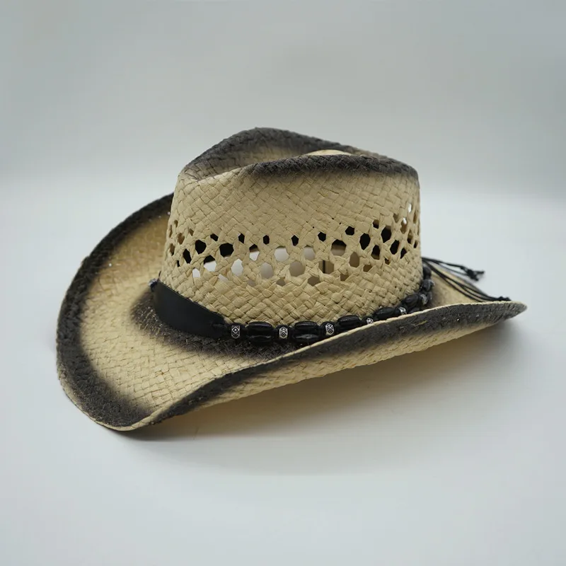 Up Turn Wide Brim Straw Hat Summer Cowboy Hat Western Cowgir Hat Hollow Out Woven Sun Beach Hat with Wooden Beaded Hatband Derby