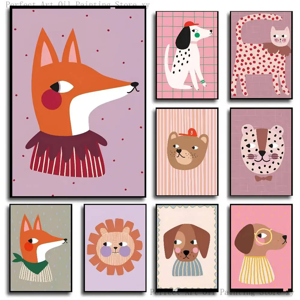 Cute Cat Fox Dog Horse Bunny Red Polka Dots Poster Self-adhesive Art Room Entrance Restaurant Wall Decor Art Painting