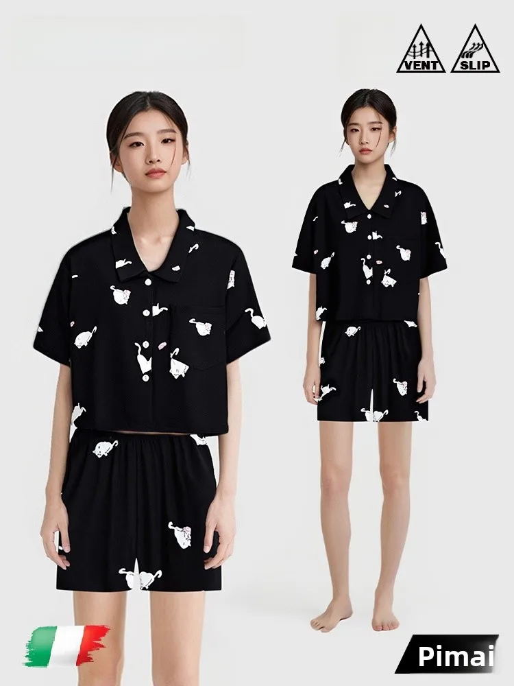PinkBread Summer Ice Silk Short Sleeve Sleepwear Women's Korean Style Home Clothes Comfortable Loose Fit Cartoon Print